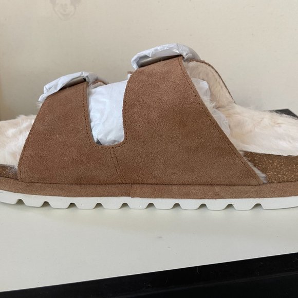 Tan Faux Fur-Lined Suede Slides from J/SLIDES - Picture 5 of 9